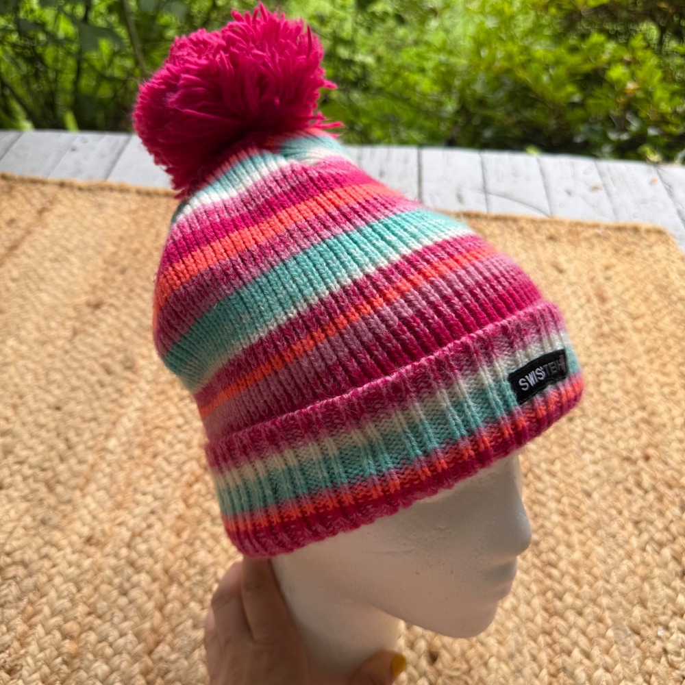 Swiss Tech Pink Striped Knit Beanie Hat Fleece Lined Pom Pom Winter Cap